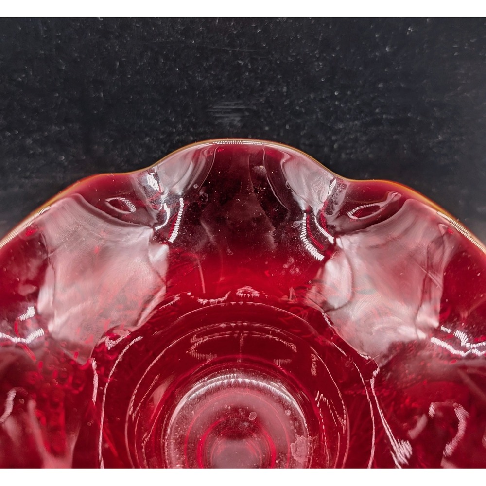 Ruby Red Glass Compote Ruffled Rim Grapevine Pattern Pedestal Candy Dish - Picture 9 of 9